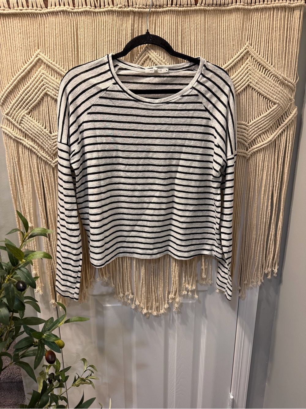 Avec Les Filles Black & White Striped Long-Sleeve Crewneck